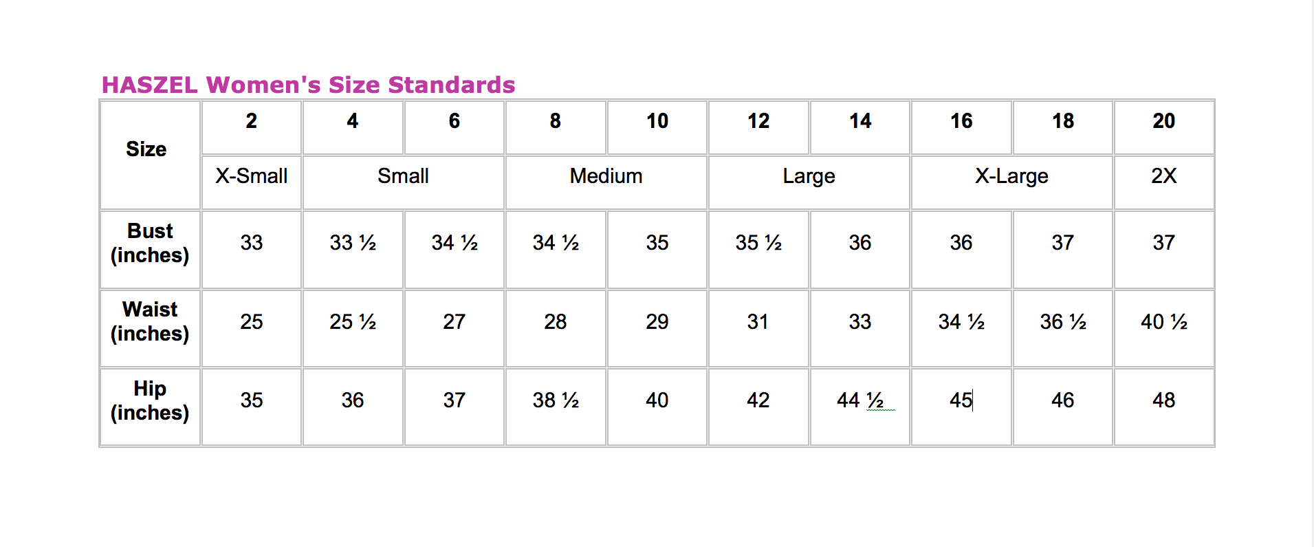Clothing Size Chart Women Height Weight